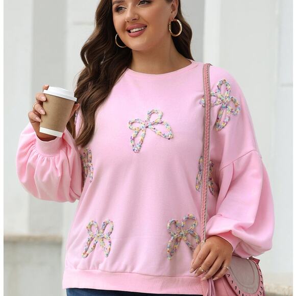 Embroidered Bow Lantern Sleeve Oversized Pullover Sweatshirt Kawaii - Picture 1 of 8